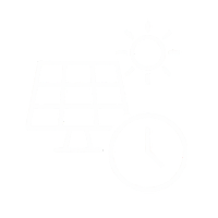 Ícono blanco de panel solar, sol y reloj, representando generación de energía limpia en poco tiempo.