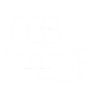Ícono blanco de panel solar conectado a símbolo de dólar, representando instalación sencilla y ahorro automático de energía.