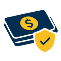Ícono plano de billetes con símbolo de dólar y escudo con paloma de verificación, representando pago al contado seguro y confiable.