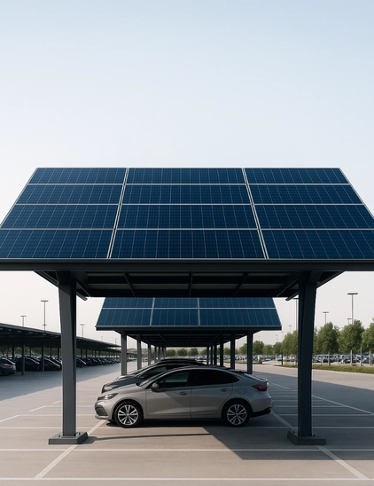 Vista vertical de carport solar a gran escala en estacionamiento de centro comercial
