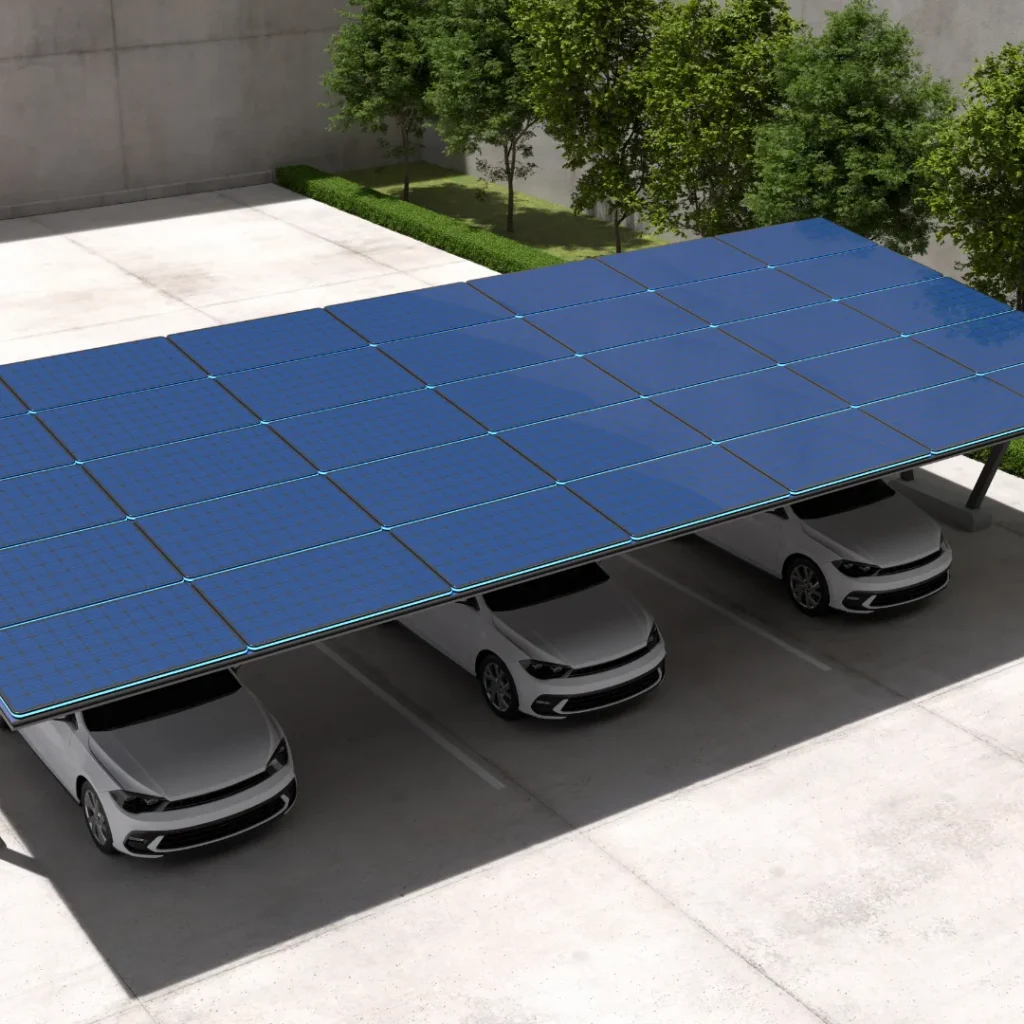 Estructura solar tipo carport con soportes en V sobre terreno abierto con múltiples paneles