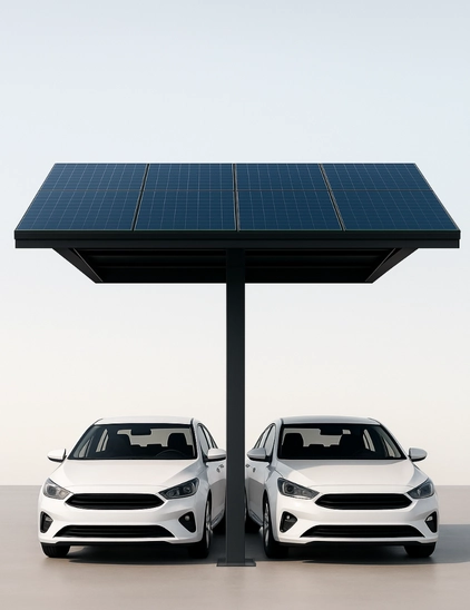 Render vertical de carport solar con techado doble y dos autos bajo sombra completa