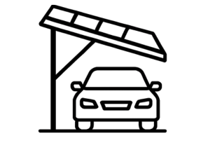 Ilustración en vector de un carport solar con techado inclinado y automóvil debajo