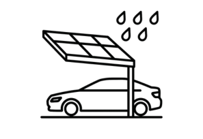 Carport solar impermeable con paneles y gotas de lluvia, estilo vector blanco y negro